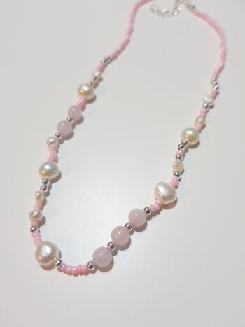 Collier de perles d'eau douce et de quartz rose - Argent sterling 3