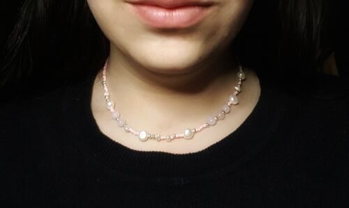 Fresh Water Pearl & Rose Quartz Necklace - Silver Plated