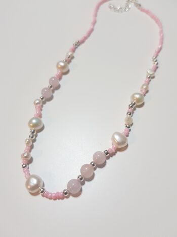 Collier de perles d'eau douce et de quartz rose - Plaqué argent 3