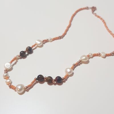 Fresh Water Pearl & Tiger's Eye Necklace - Sterling Silver