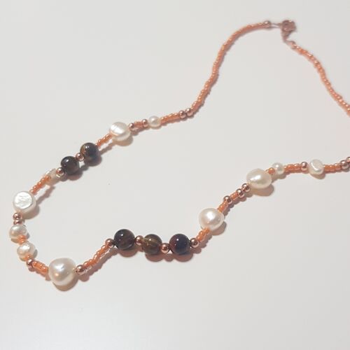 Fresh Water Pearl & Tiger's Eye Necklace - Gold Plated