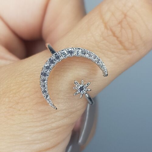 Crescent Moon & Star Ring - Silver Plated