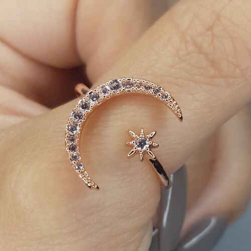 Crescent Moon & Star Ring - Rose Gold Plated