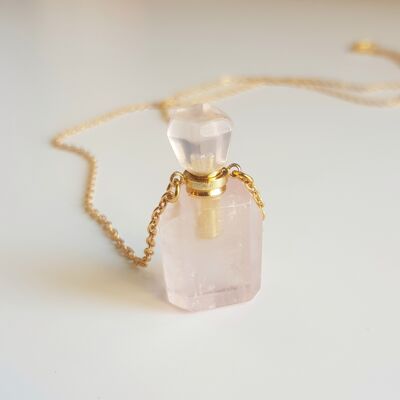 Collier Flacon de Parfum en Cristal de Quartz Rose - 18"