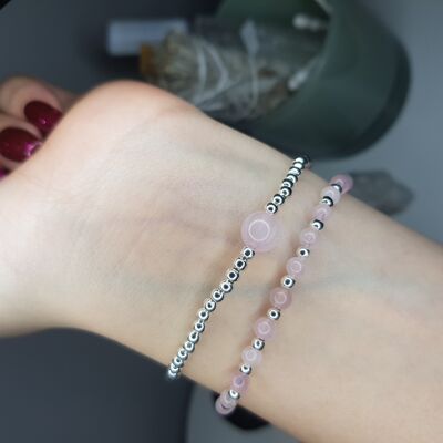 Set di braccialetti impilabili in quarzo rosa - argento sterling