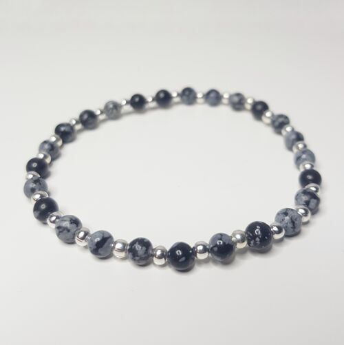 Snowflake  Obsidian Dainty Bracelet - Silver Plated