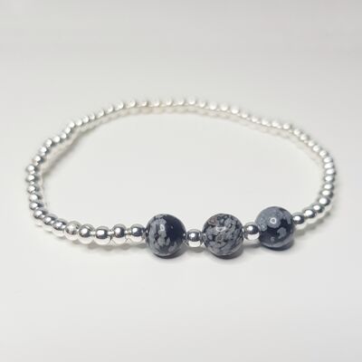 Bracelet triple cristal d'obsidienne flocon de neige - Argent sterling