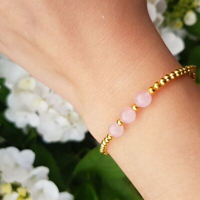 Bracciale in triplo cristallo di quarzo rosa - Gold Filled