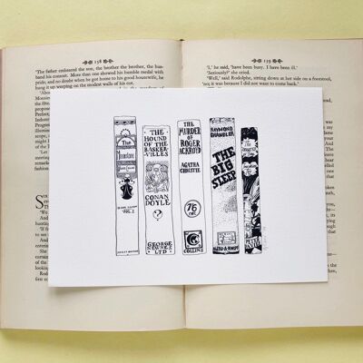 Classic Detectives Novels Book Spine Ink Drawing Art print - A5 - 14,8 x 21