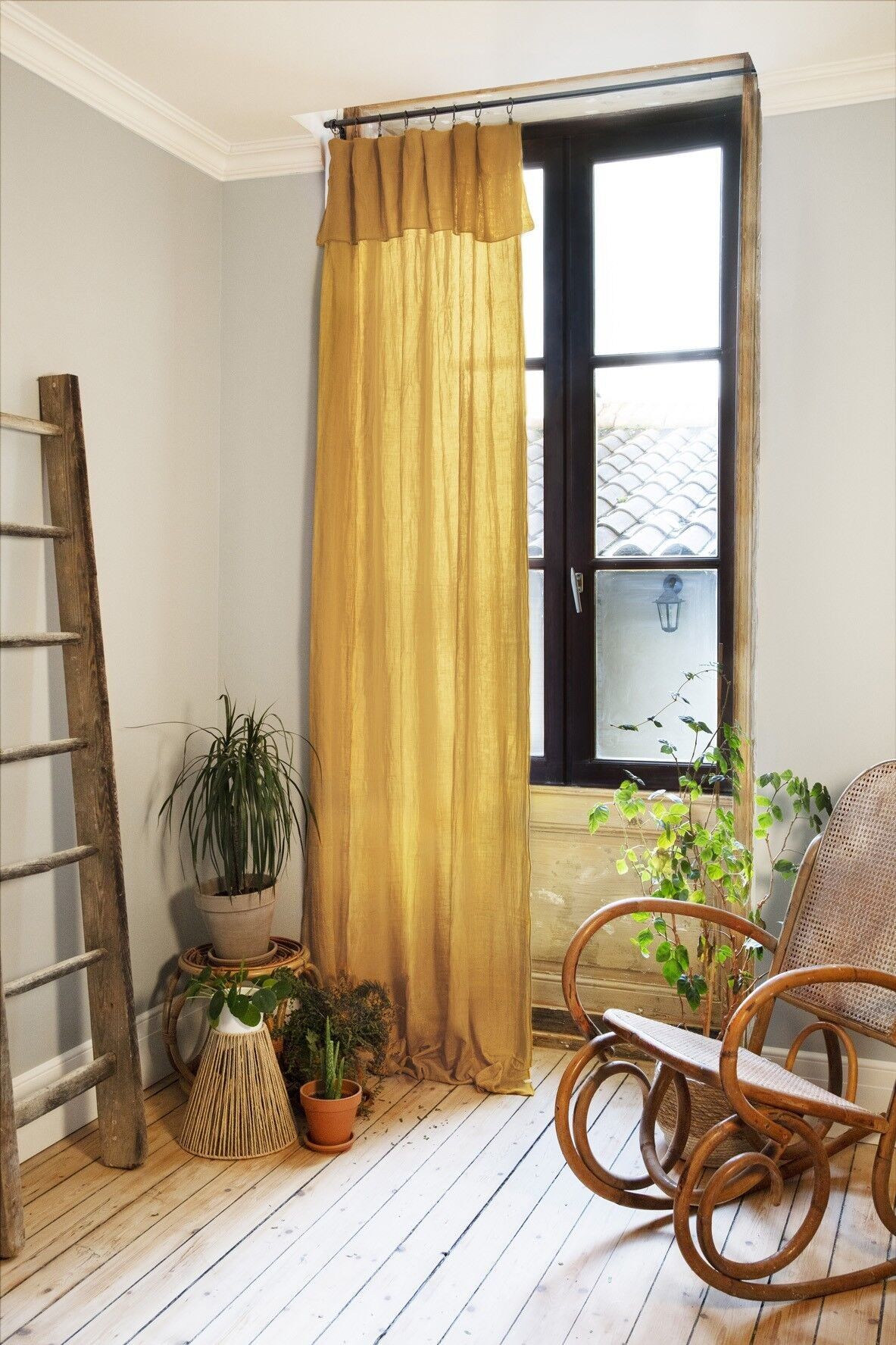 Cortina ajustable + 8 anillas de clip Gasa de algodón 140 x 300 cm GAÏA Safran