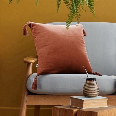 Removable cushion with pompoms Cotton gauze 40 x 40 cm GAÏA Terracotta