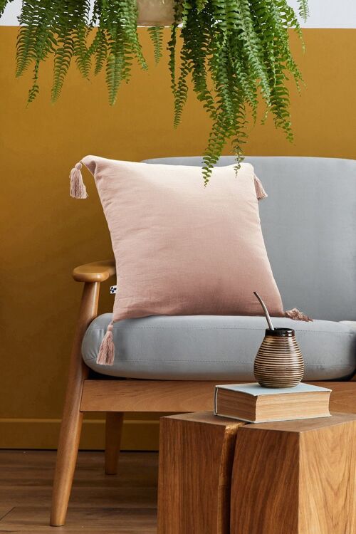 Coussin déhoussable avec pompons Gaze de coton 40 x 40 cm GAÏA Guimauve