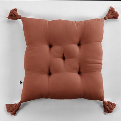 Coussin capitonné 5 points avec pompons Gaze de coton 40 x 40 cm GAÏA Terracotta