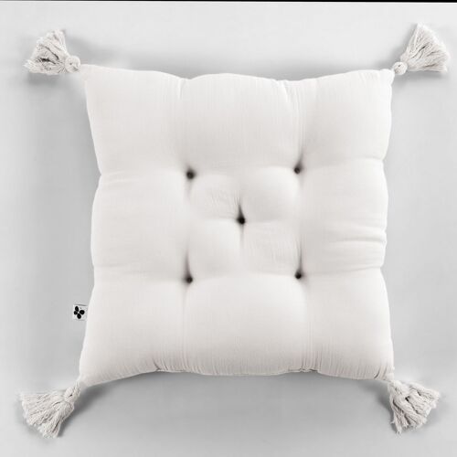 Coussin capitonné 5 points avec pompons Gaze de coton 40 x 40 cm GAÏA Chantilly