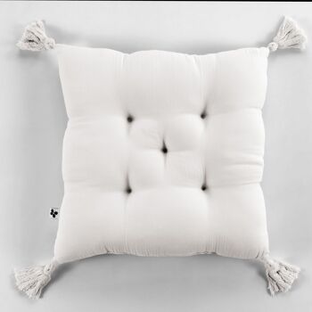 Coussin capitonné 5 points avec pompons Gaze de coton 40 x 40 cm GAÏA Chantilly 1