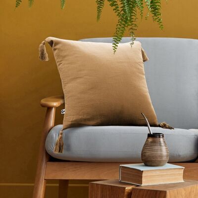 GAÏA Camel cotton gauze removable cushion with pompoms 40 x 40 cm