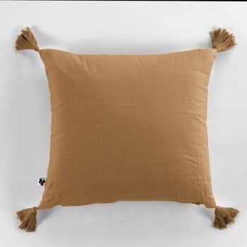 Coussin déhoussable avec pompons Gaze de coton 40 x 40 cm GAÏA Camel 3