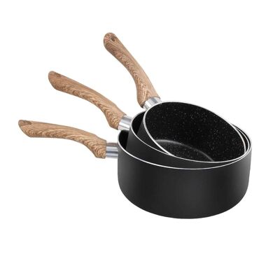 Set of 3 stone and wood look saucepans