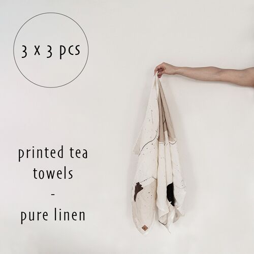Printed linen tea towels, set of 3 x 3 pcs