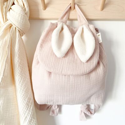 Powder pink double gauze children's backpack with rabbit ears