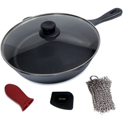 Cast Iron Skillet Set (20cm, Pre-Seasoned), Silicone Hot Handle Holder, Glass Lid, Cast Iron Cleaner Chainmail Scrubber, Scraper