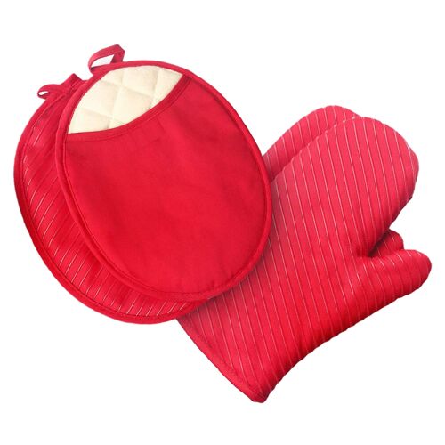 Pot Holders and Oven Mitts Gloves with Silicone Stripes, 2 Potholders & 2 Hot Pads with Pockets Set, 4 Piece Heat Resistant Kitchen Linens Set  -  Red