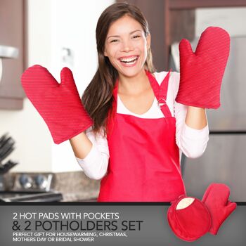 Maniques et gants de four avec bandes en silicone, 2 maniques et 2 coussins chauffants avec poches, ensemble de 4 linges de cuisine résistants à la chaleur - Rouge 7