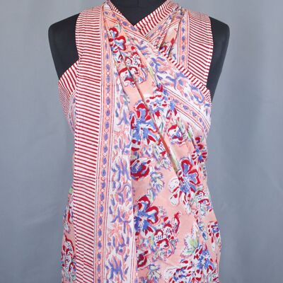 Pareo- Block Printed Sarong- Coral Pink Floral