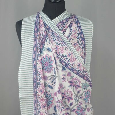 Pareo- Block Printed Sarong-White Mauve Flowers