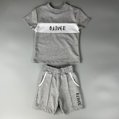 Personalised Grey Panel T-shirt & Piped Shorts Set