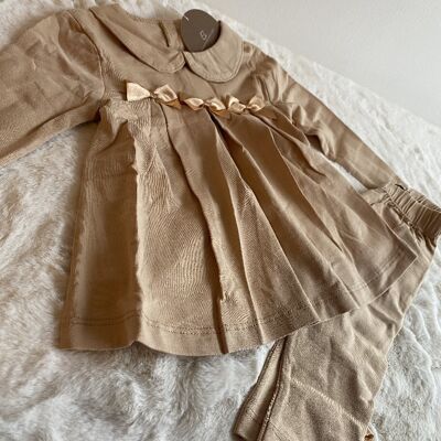 Beige Pleated Bow Co-ord Set