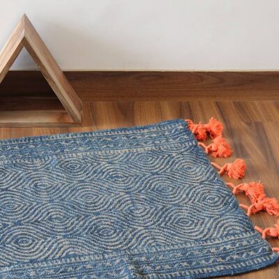 2 x 6, handgefertigter Block-bedruckter Indigo-Jute-Teppich-Läufer__