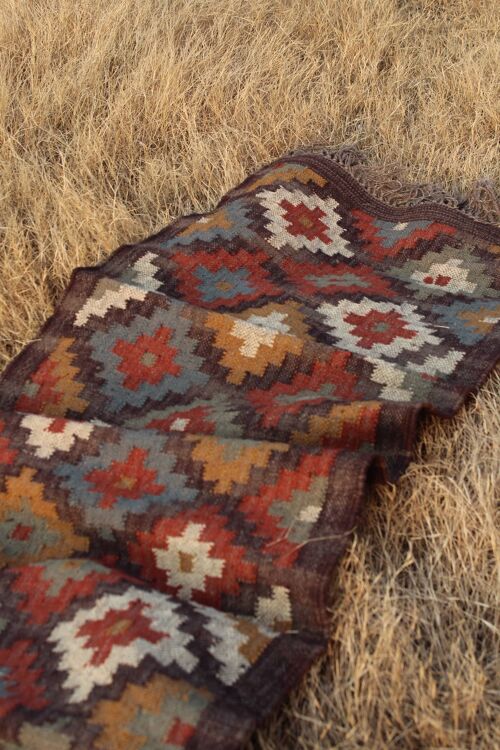 Handmade Jute-Wool Kilim Rug Runner — dark brown, red__