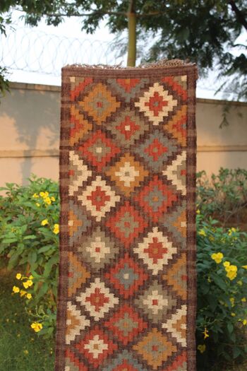 Tapis Kilim fait main en jute et laine — marron foncé, rouge__ 2