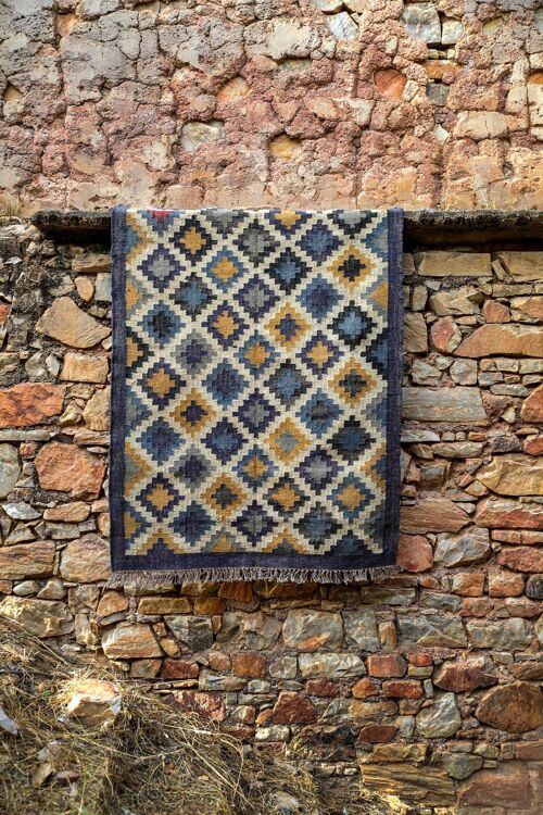 4 x 6, Handmade Jute Wool Kilim Rug - blue, yellow, gray__