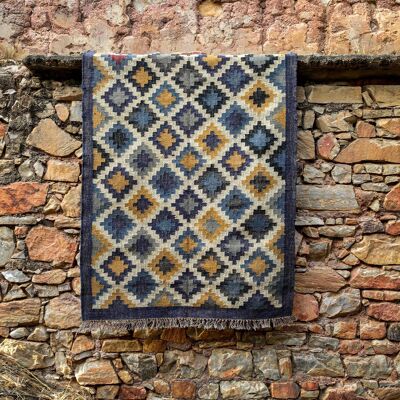 4 x 6, alfombra Kilim de lana de yute hecha a mano - azul, amarillo, gris__