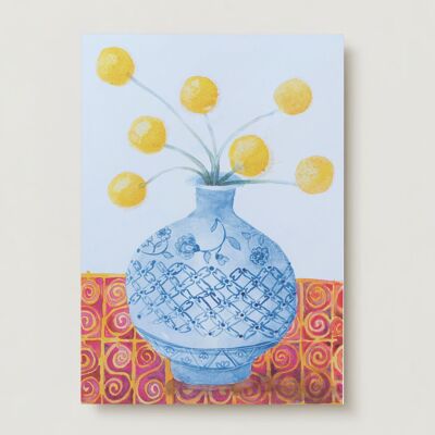 Bombillas amarillas en tarjeta de felicitación de flores de jarrón