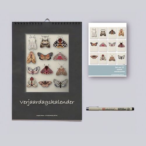 Birthday calendar moths, 12 greeting cards, pen