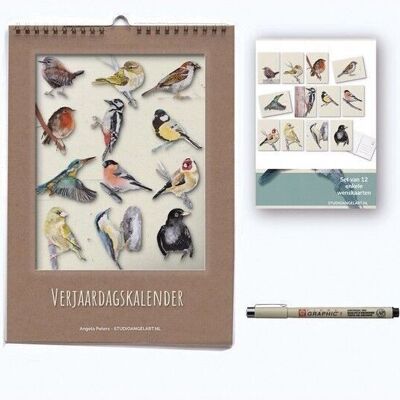 Verjaardagskalender vogels, 12 wenskaarten, pen - cadeauset