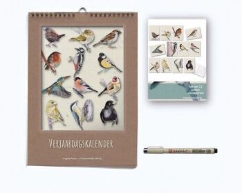 Calendrier d'anniversaire Oiseaux, 12 cartes de voeux, stylo - coffret cadeau 1