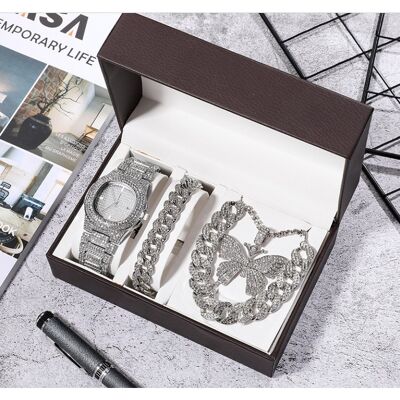Zircon Cuban Chain Butterfly Necklace Watch Gift Box Set