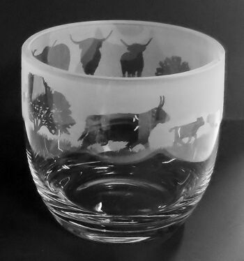 Bougeoir/vase en verre cristal de 15 cm avec frise de bovins Highland