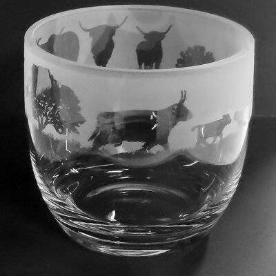 15cm Crystal Glass Candleholder/Vase with Highland Cattle Frieze