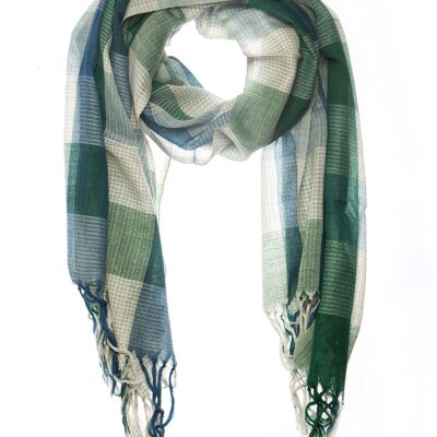 WOOL SCARF PUEBLA CHECKED DENIM & FOREST FAIR TRADE PRODUCT