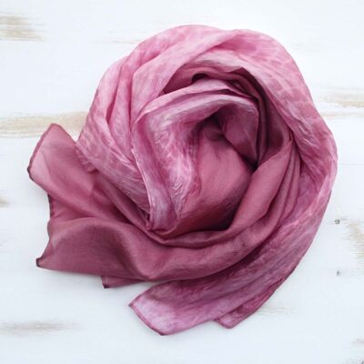 Hand-dyed "asymmetric shibori" silk scarf.
