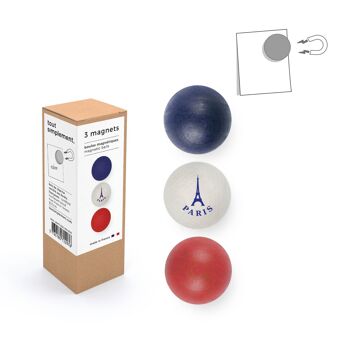 Présentoir plein de 56 boîtes de 3 boules magnétiques en bois - Paris bleu/blanc/rouge + présentoir offert 2
