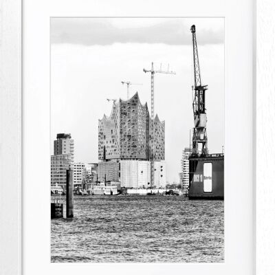 Fotodruck / Poster mit Rahmen und Passepartout Motiv Hamburg HH05G - Motiv: schwarz/weiss - Grösse: L (57cm x 45cm ) - Rahmenfarbe: weiss matt