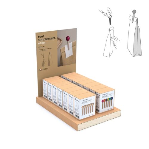 Présentoir plein de 32 boîtes de 6 pinces à sachet en bois - naturel et couleur + présentoir offert