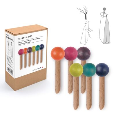 box of 6 wooden bag clips - color