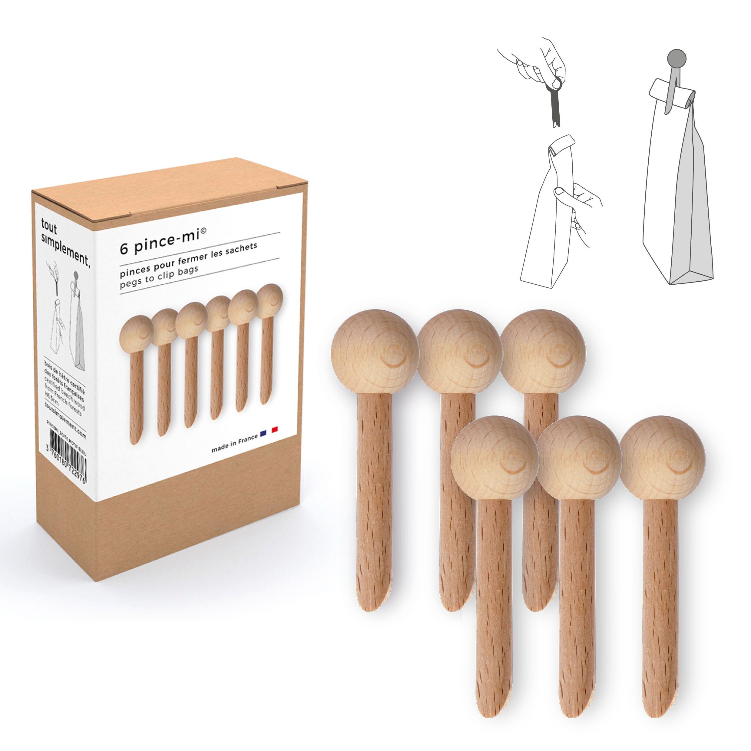 „Pince-mi“-Schachtel mit 6 Holztaschenclips – natur